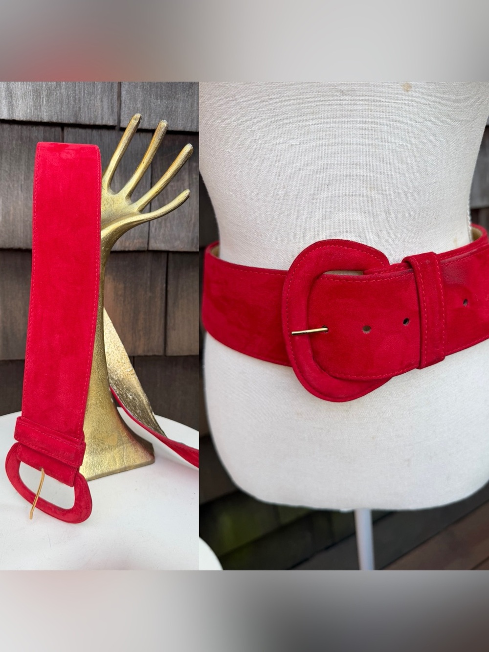 Vintage Anne Klein Calderon wide waist belt red suede leather Sz L fits 30-34”.